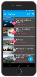 Capture d'écran de l'application sur smartphone regroupant les privilèges du City Pass de Marseille