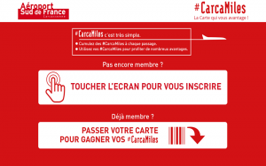 Ecran d'inscription au programme de fidélité Carcamiles (Aéroport de Carcassone)
