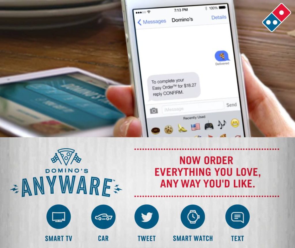Visuel de la promotion de "Anyware", un chatbot mis en place par l'enseigne Domino's, permettant entre autres de passer commande auprès de celui-ci