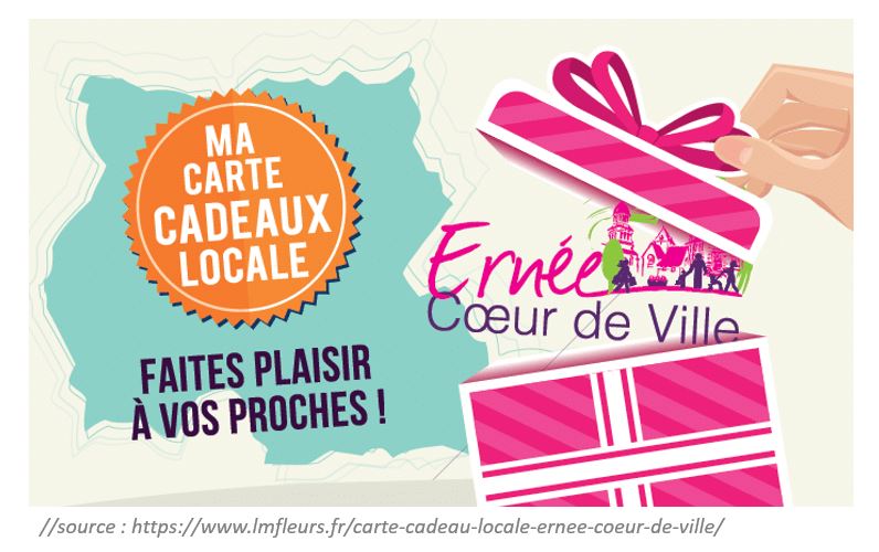 Visuel qui promeut la carte-cadeau multi-commerces locale de la ville d'Ernée