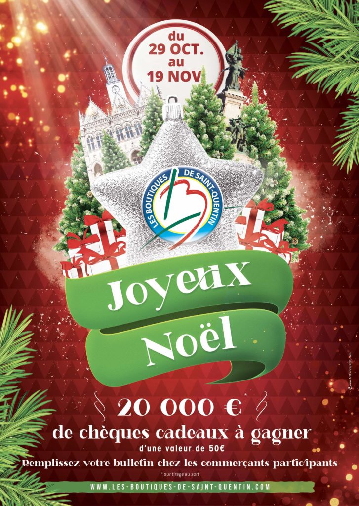 Affiche de la loterie organisée par les boutiques de Saint-Quentin partenaires du programme de fidélité collectif à l'occasion de Noël