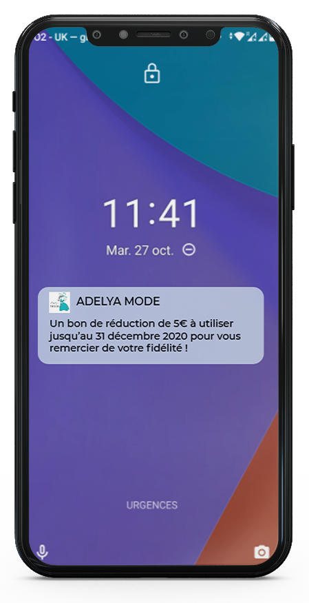 Avantages programme de fidélité smartphone Visuel d'un smartphone affichant une notification de bon plan