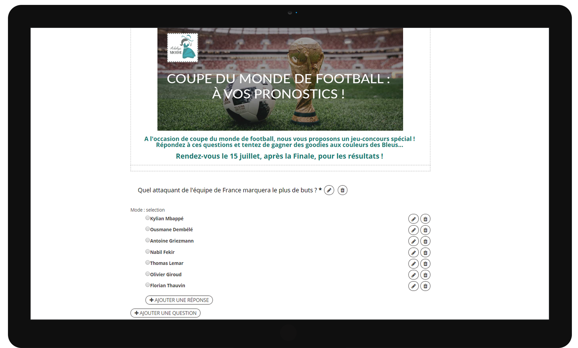 Questionnaire réalisé avec Adelya Loyalty Operator pour la Coupe du Monde de football 2018