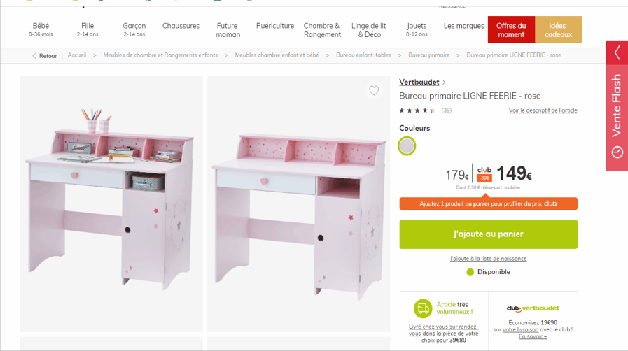 Capture d'écran d'une page du site e-commerce de Verbaudet