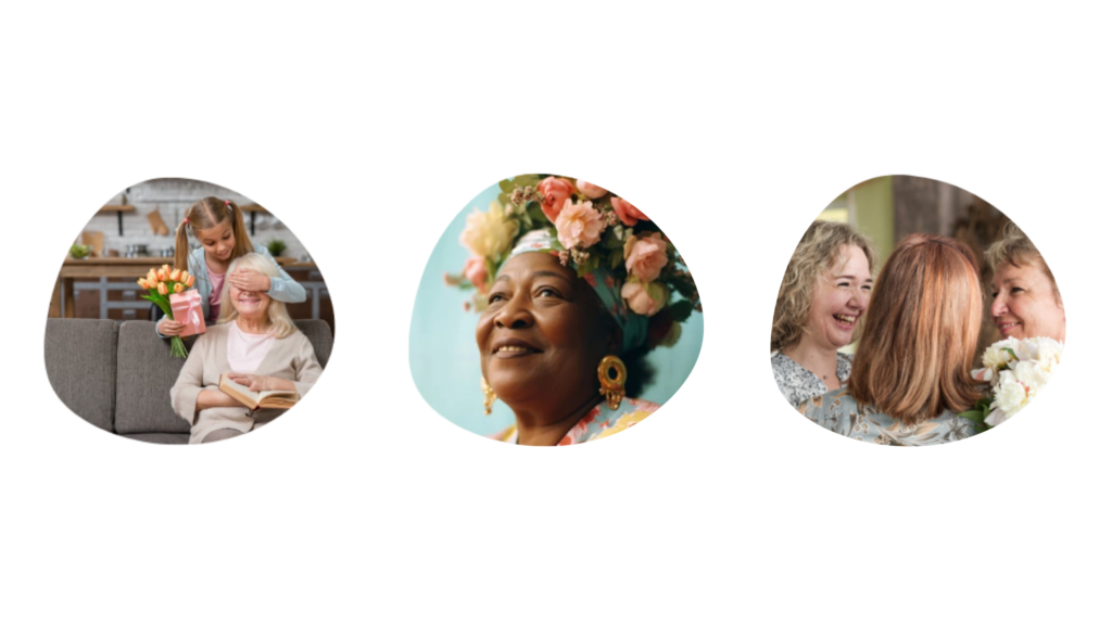 Trois vignettes photos de grands-mères et leurs familles