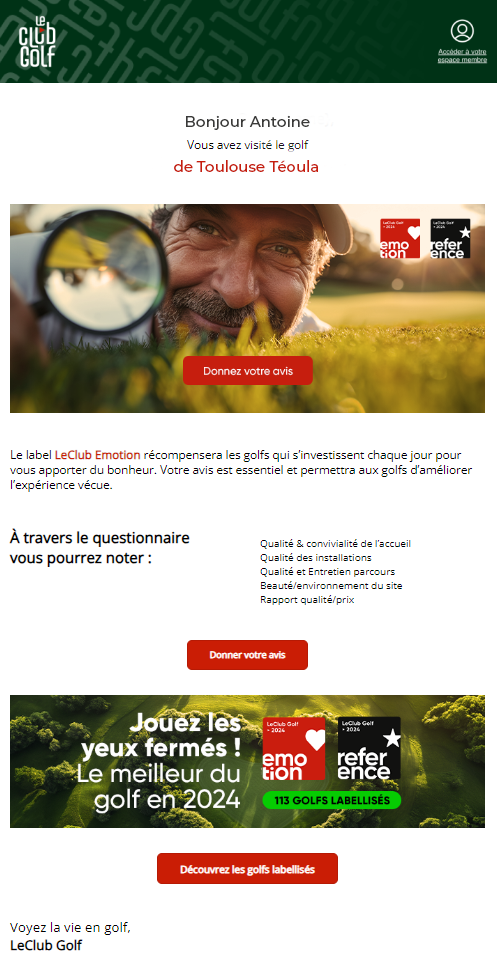 Visuel de la newsletter envoyée aux clients de Le Club Golf pour un retour d'expérience