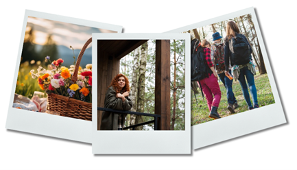 Trois photos dans un cadre polaroid, un panier de pique-nique rempli de fleurs, une femme rousse accoudée au balcon d’une maison en bois et un groupe de randonneurs.