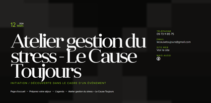 Affiche en ligne présentant un atelier sur la gestion du stress "Le cause toujours" organisé par La Drôme Tourisme