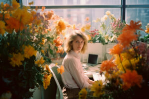 Une femme travaille à son bureau entourée de fleurs - ADELYA Une femme travaille à son bureau entourée de fleurs