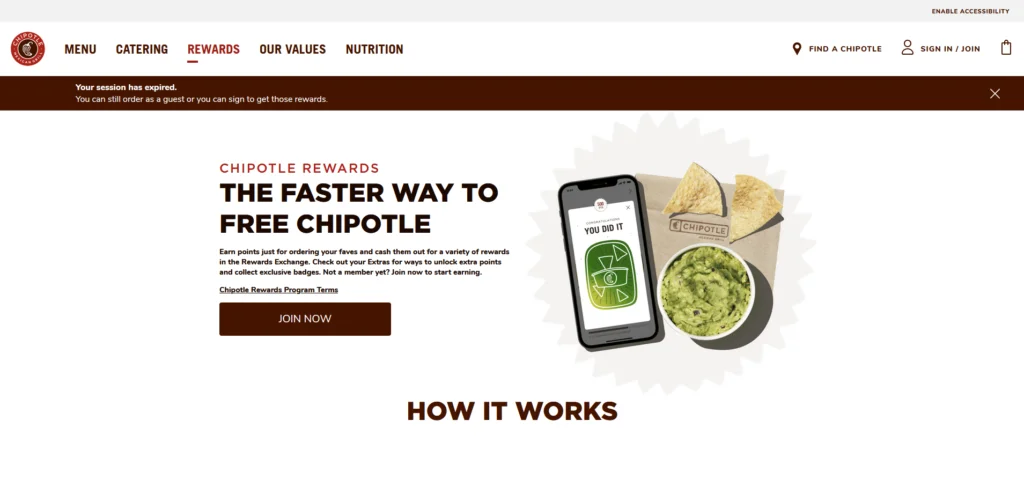 L’interface du site de Chipotle, sur la page Rewards. ©chipotle.com Fidélisation client dans le monde