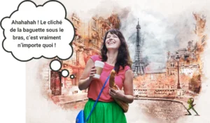 Une femme avec une baguette sous le bras, dit que c’est un cliché que les français ont toujours une baguette sous le bras. Fidélisation dans le monde