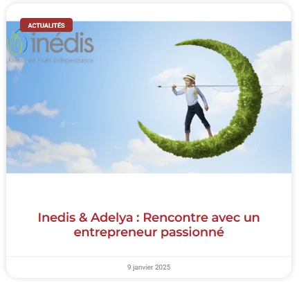 Header image for a news article: a person walking on a moss-covered crescent moon in a blue sky, with an 'Actualités' badge and the title 'Inedis & Adelya : Rencontre avec un entrepreneur passionné'.
