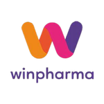 Winpharma logo: overlapping multicolor W in orange, pink, and purple with the word winpharma in purple text on a dark background.