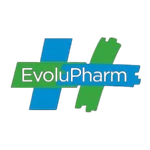 Logo for EvoluPharm with blue and green geometric shapes and the brand name across a blue ribbon.
