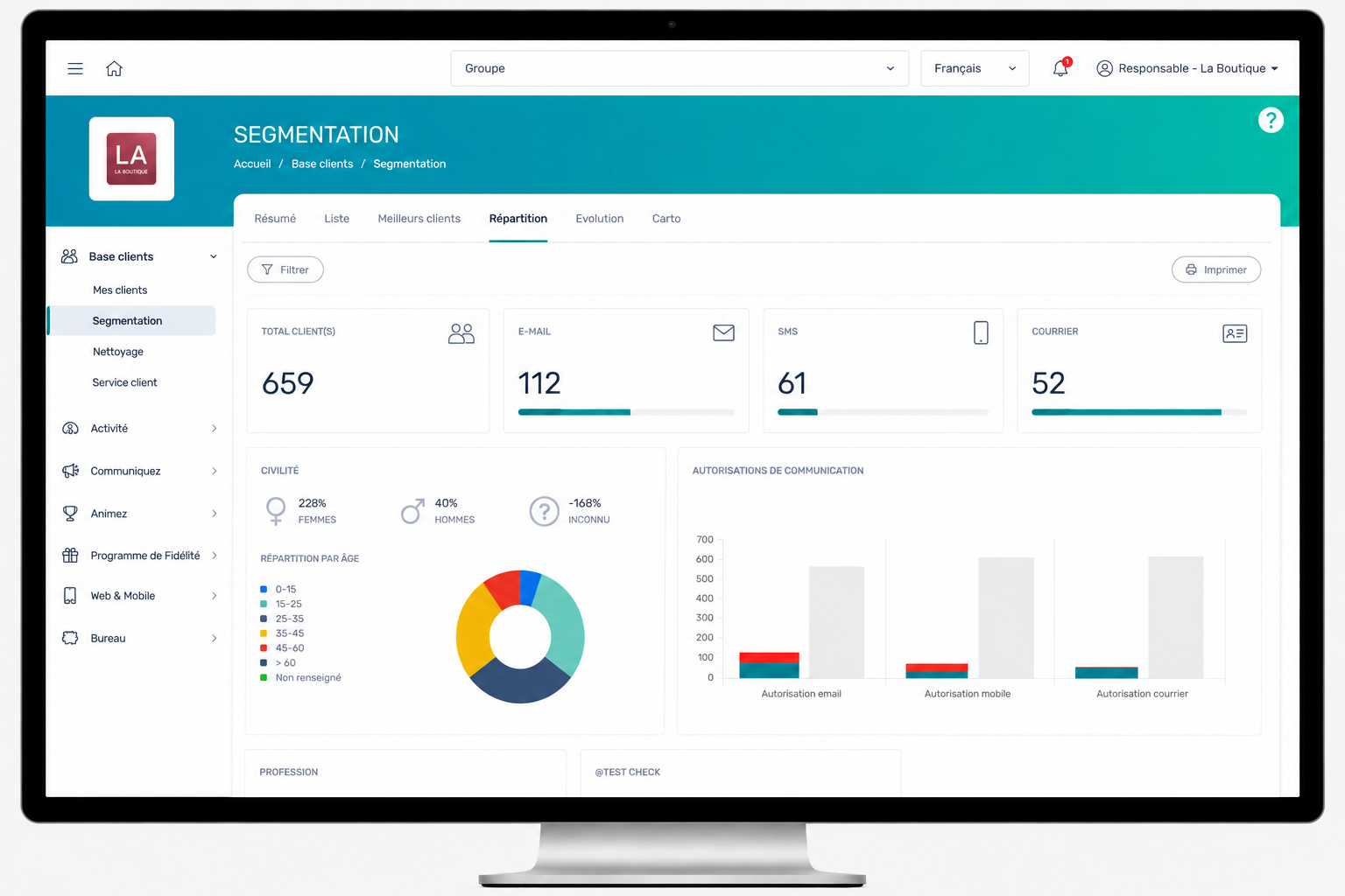 Dashboard UI for customer segmentation with key metrics cards, charts, and a left navigation menu labeled Segmentation (French UI).]